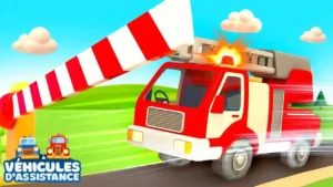 Le camion de pompiers bloqué dans l’embouteillage! Véhicules d’assistance. Dessin animé pour enfants